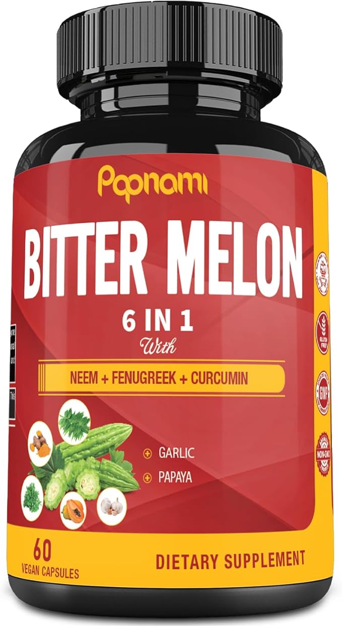 Organic Bitter Melon Extract Capsules - 60 Pills 2 Month - Combined Neem, Fenugreek, Curcumin, Garlic & Papaya
